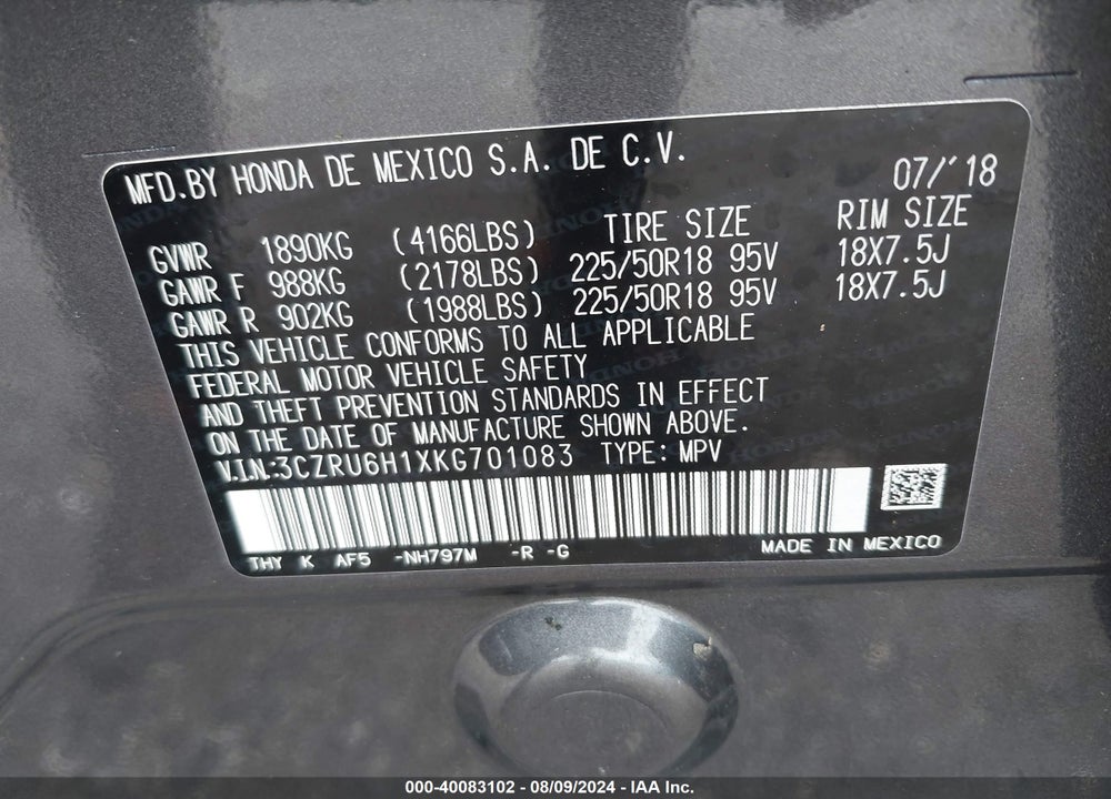 2019 HONDA HR-V SPORT VIN: 3CZRU6H1XKG701083