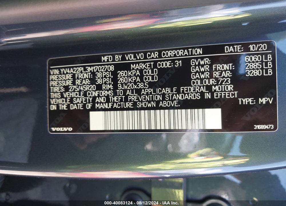 2021 VOLVO XC90 T6 INSCRIPTION 7 PASSENGER VIN: YV4A22PL3M1702708