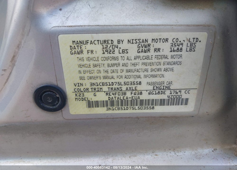 2005 NISSAN SENTRA 1.8S VIN: 3N1CB51D75L503558