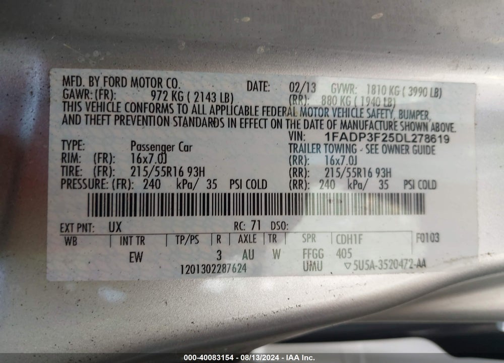 2013 FORD FOCUS SE VIN: 1FADP3F25DL278619