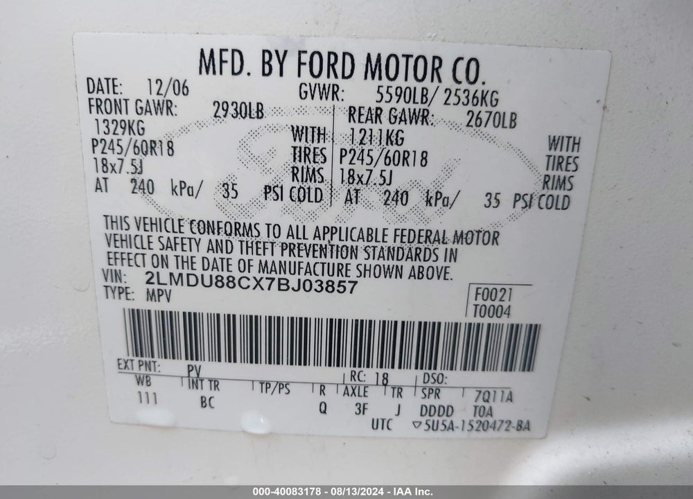 2007 LINCOLN MKX VIN: 2LMDU88CX7BJ03857