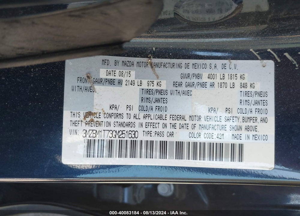 2016 MAZDA 3 I SPORT VIN: 3MZBM1T73GM251630