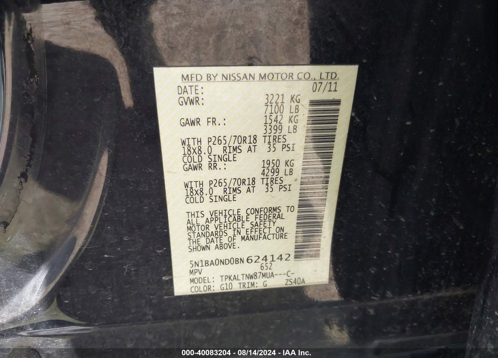 2011 NISSAN ARMADA SV VIN: 5N1BA0ND0BN624142