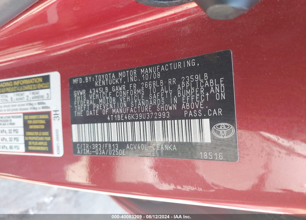 2009 TOYOTA CAMRY LE VIN: 4T1BE46K39U372993