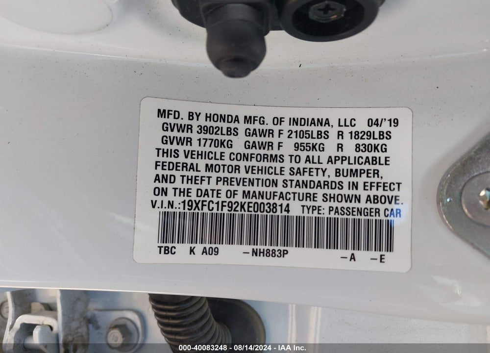 2019 HONDA CIVIC TOURING VIN: 19XFC1F92KE003814