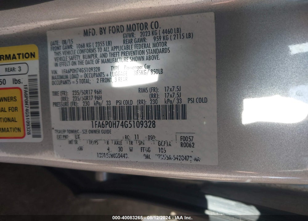 2016 FORD FUSION SE VIN: 1FA6P0H74G5109328
