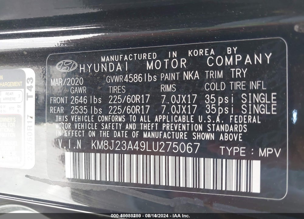 2020 HYUNDAI TUCSON VIN: KM8J23A49LU275067
