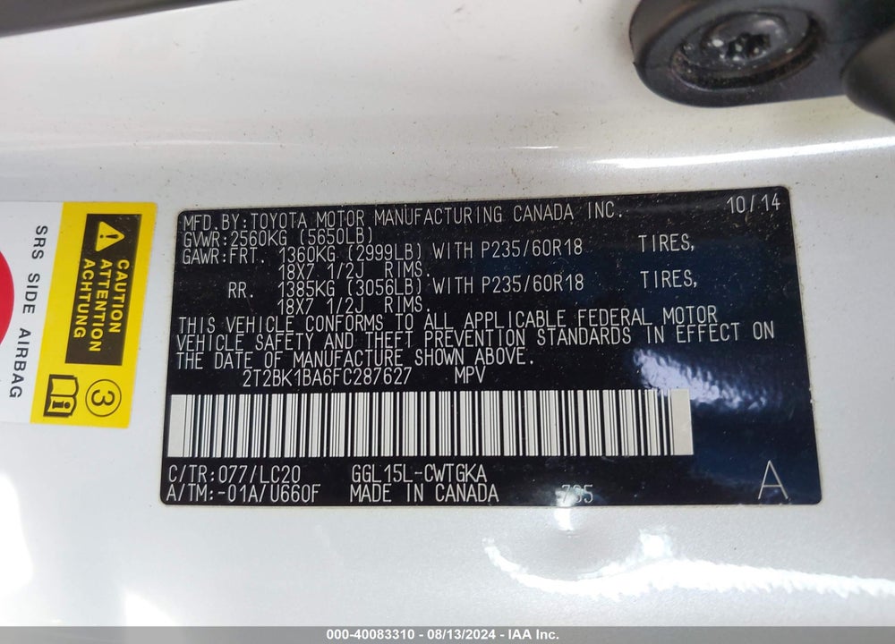 2015 LEXUS RX 350 VIN: 2T2BK1BA6FC287627