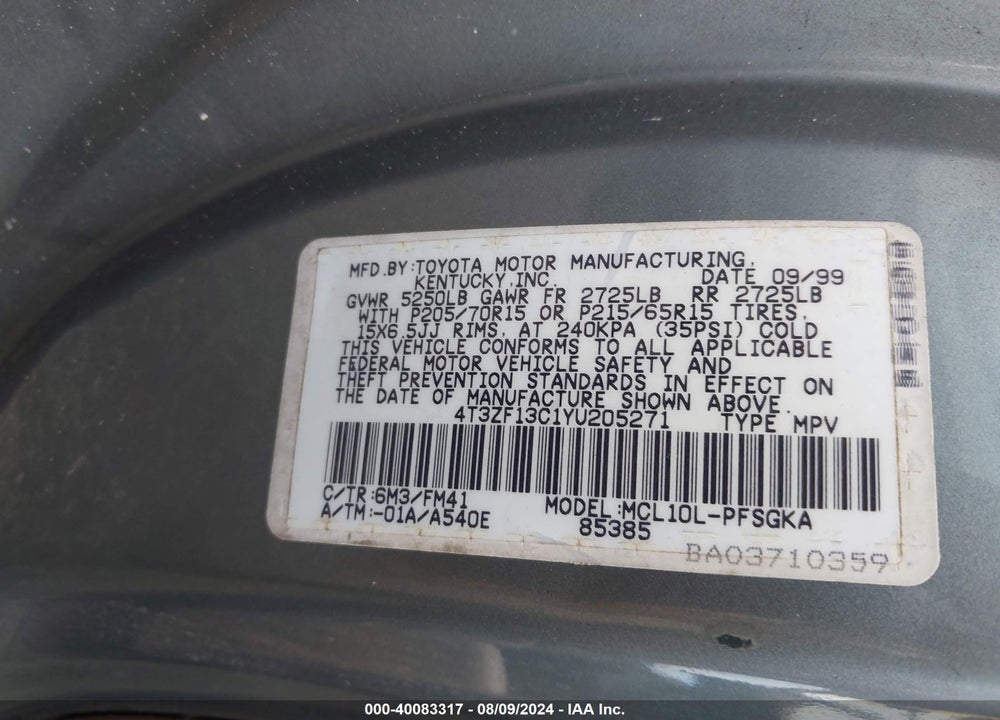 2000 TOYOTA SIENNA XLE VIN: 4T3ZF13C1YU205271