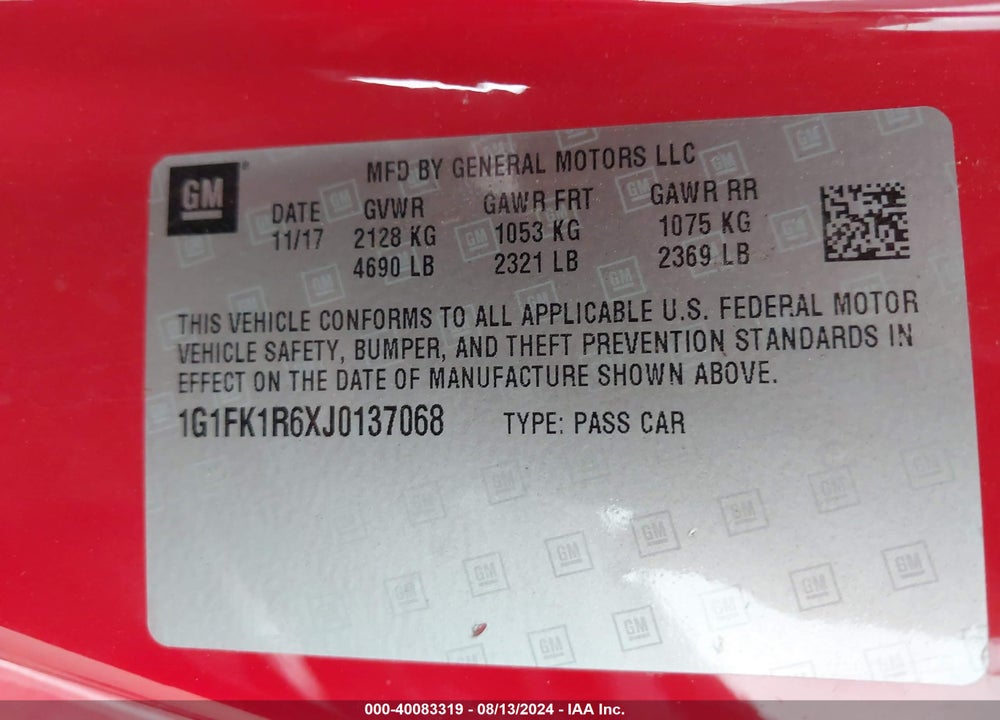 2018 CHEVROLET CAMARO ZL1 VIN: 1G1FK1R6XJ0137068