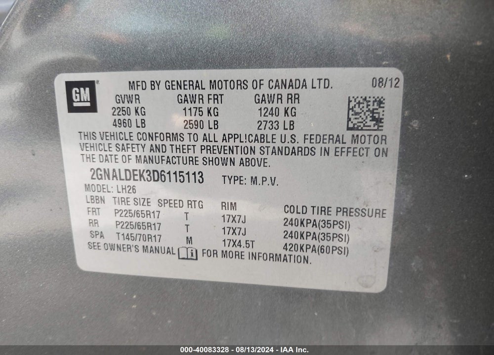 2013 CHEVROLET EQUINOX 1LT VIN: 2GNALDEK3D6115113