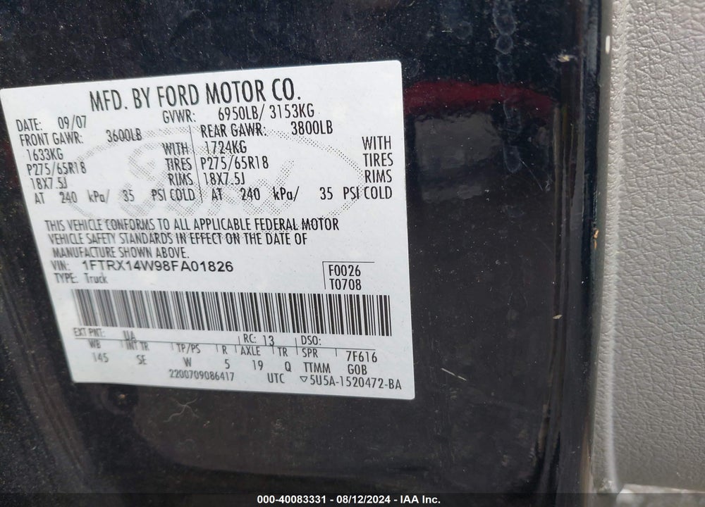 2008 FORD F-150 STX/XL/XLT VIN: 1FTRX14W98FA01826
