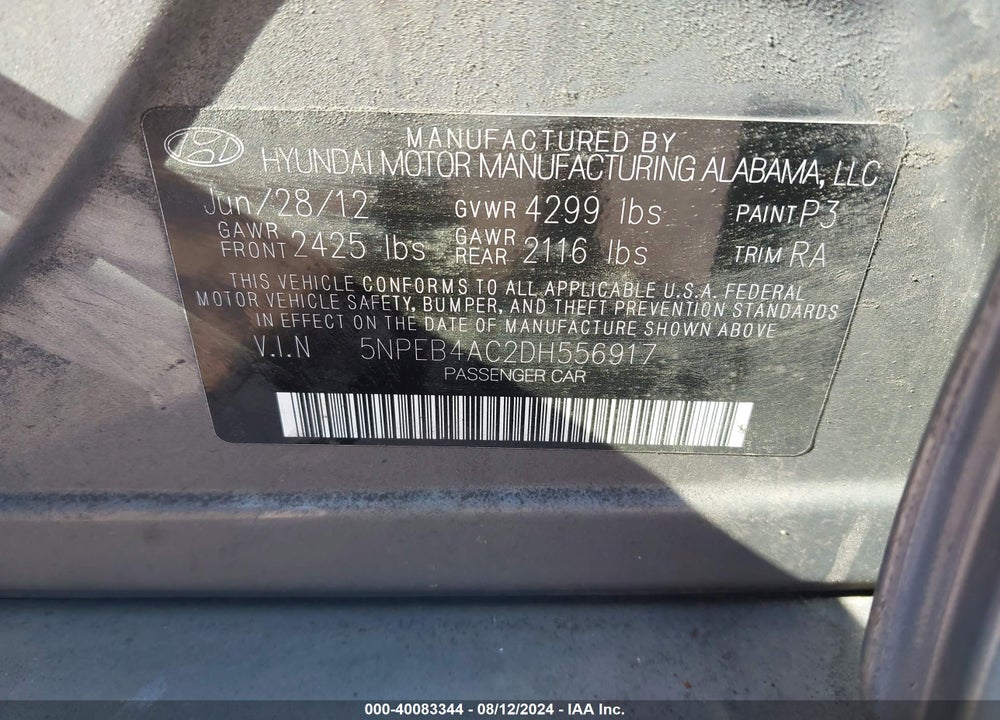 2013 HYUNDAI SONATA GLS VIN: 5NPEB4AC2DH556917