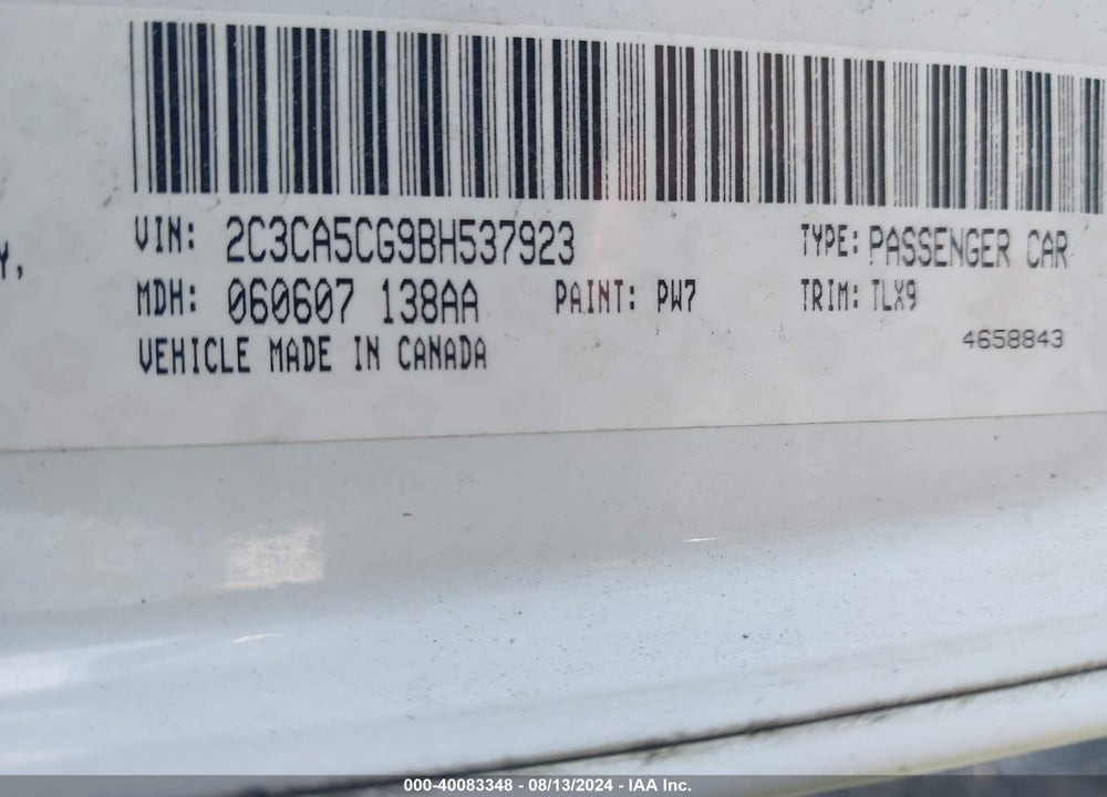 2011 CHRYSLER 300 LIMITED VIN: 2C3CA5CG9BH537923