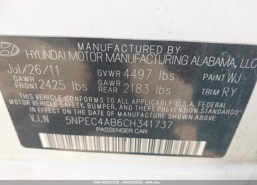 2012 HYUNDAI SONATA LIMITED 2.0T VIN: 5NPEC4AB6CH341737