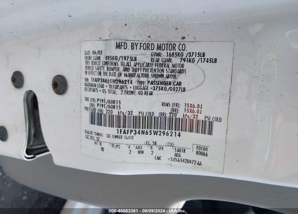2005 FORD FOCUS ZX4 VIN: 1FAFP34N65W296214