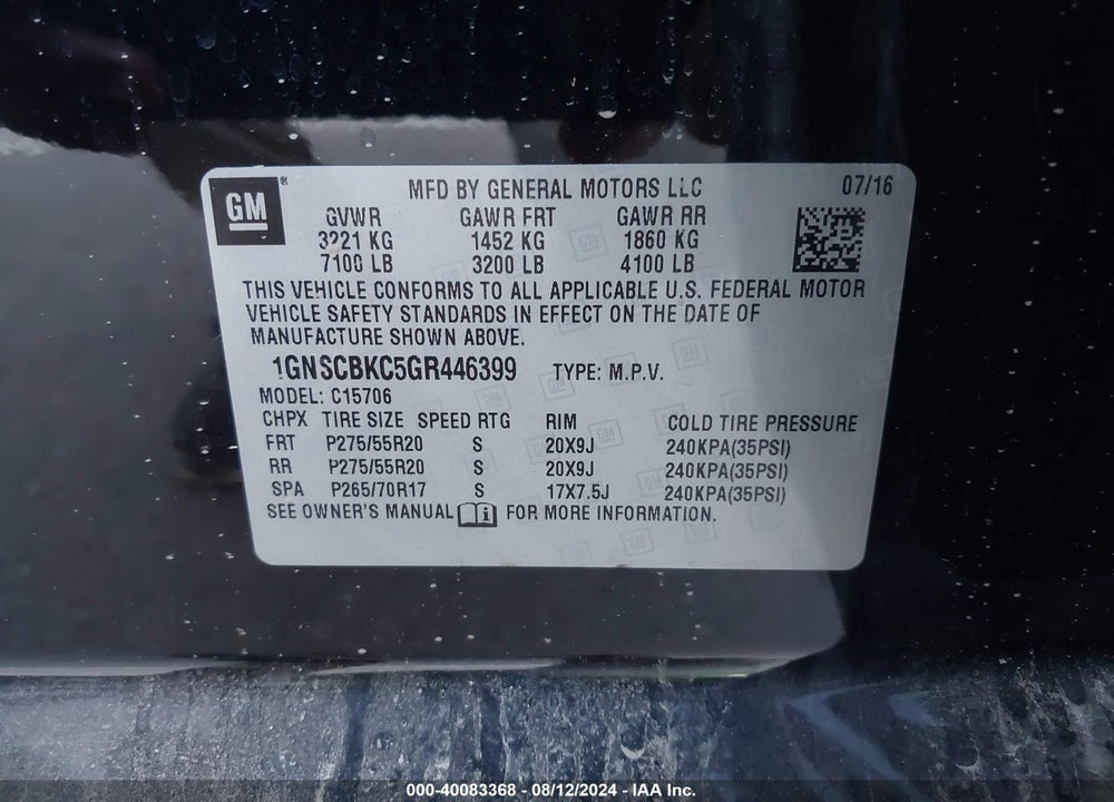 2016 CHEVROLET TAHOE LT VIN: 1GNSCBKC5GR446399