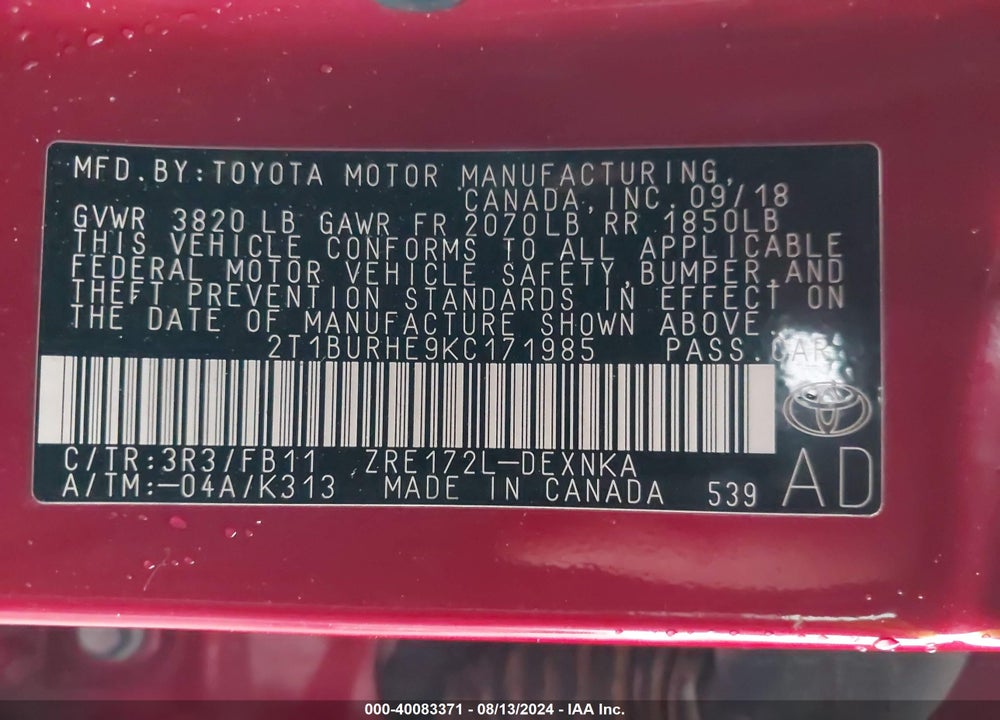 2019 TOYOTA COROLLA LE VIN: 2T1BURHE9KC171985