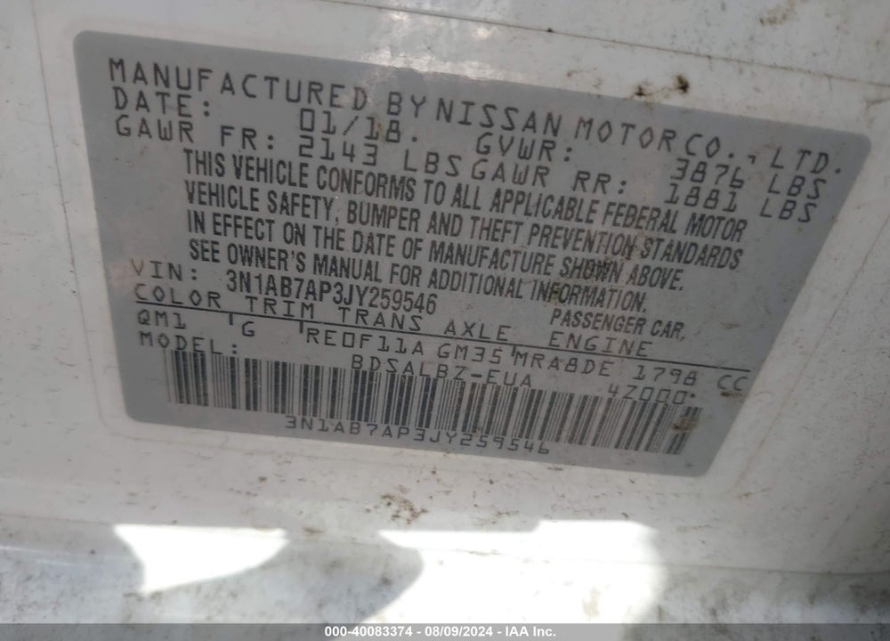 2018 NISSAN SENTRA S VIN: 3N1AB7AP3JY259546