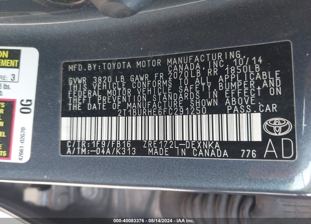 2015 TOYOTA COROLLA LE VIN: 2T1BURHE6FC291250