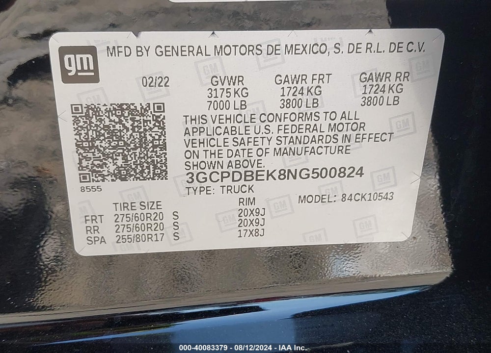 2022 CHEVROLET SILVERADO 1500 4WD SHORT BED CUSTOM VIN: 3GCPDBEK8NG500824