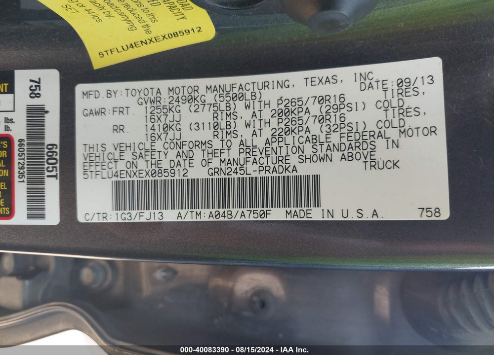 2014 TOYOTA TACOMA BASE V6 VIN: 5TFLU4ENXEX085912