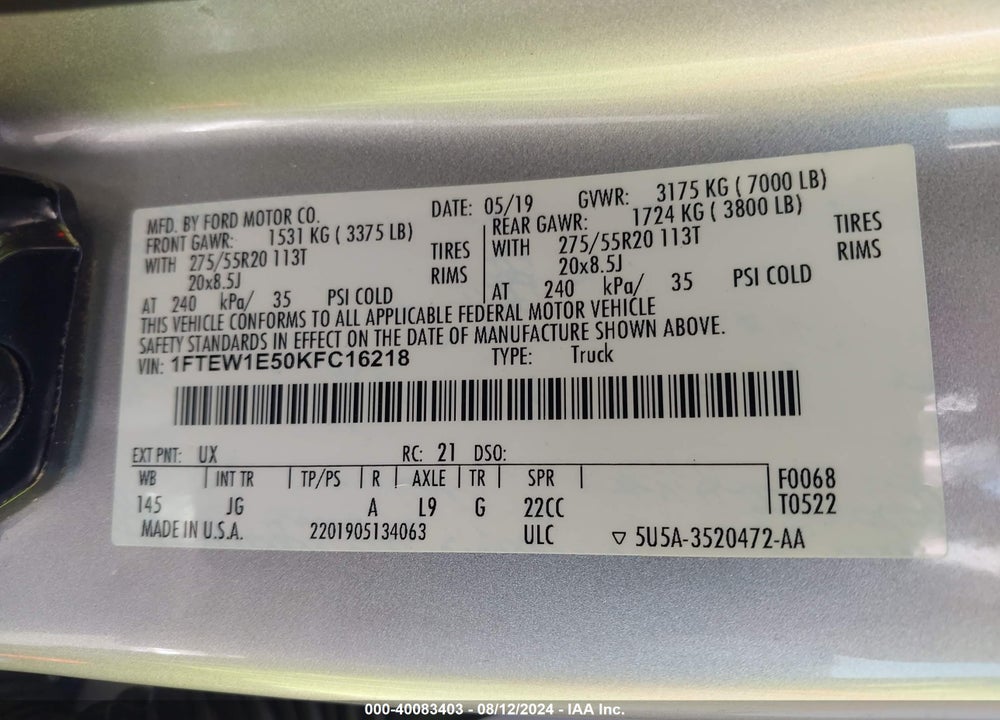 2019 FORD F-150 XL VIN: 1FTEW1E50KFC16218
