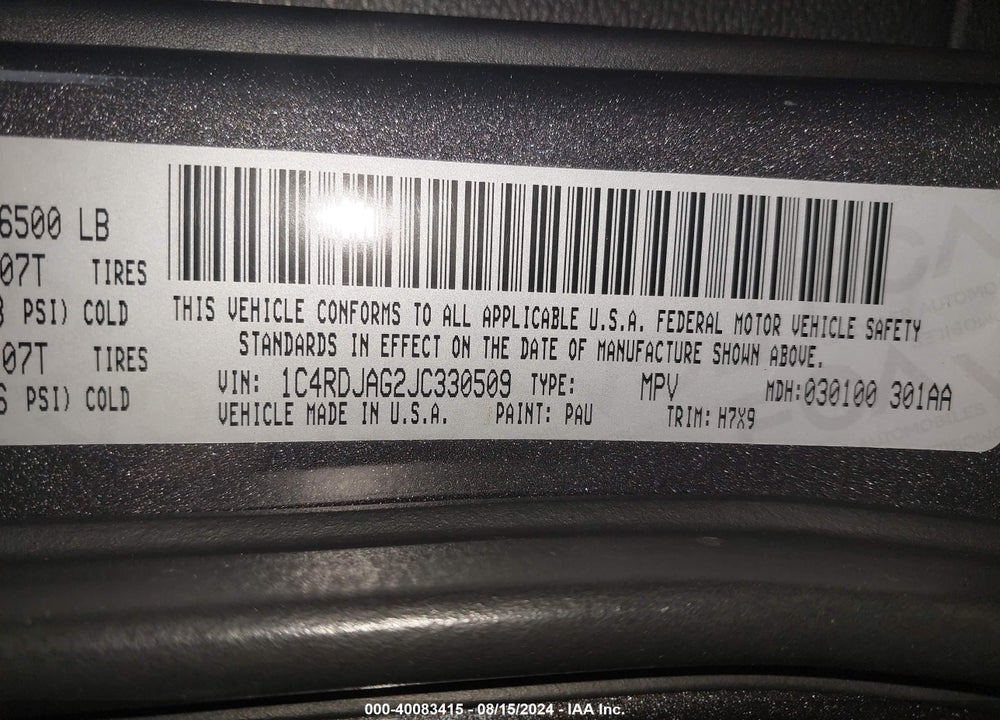 2018 DODGE DURANGO SXT AWD VIN: 1C4RDJAG2JC330509