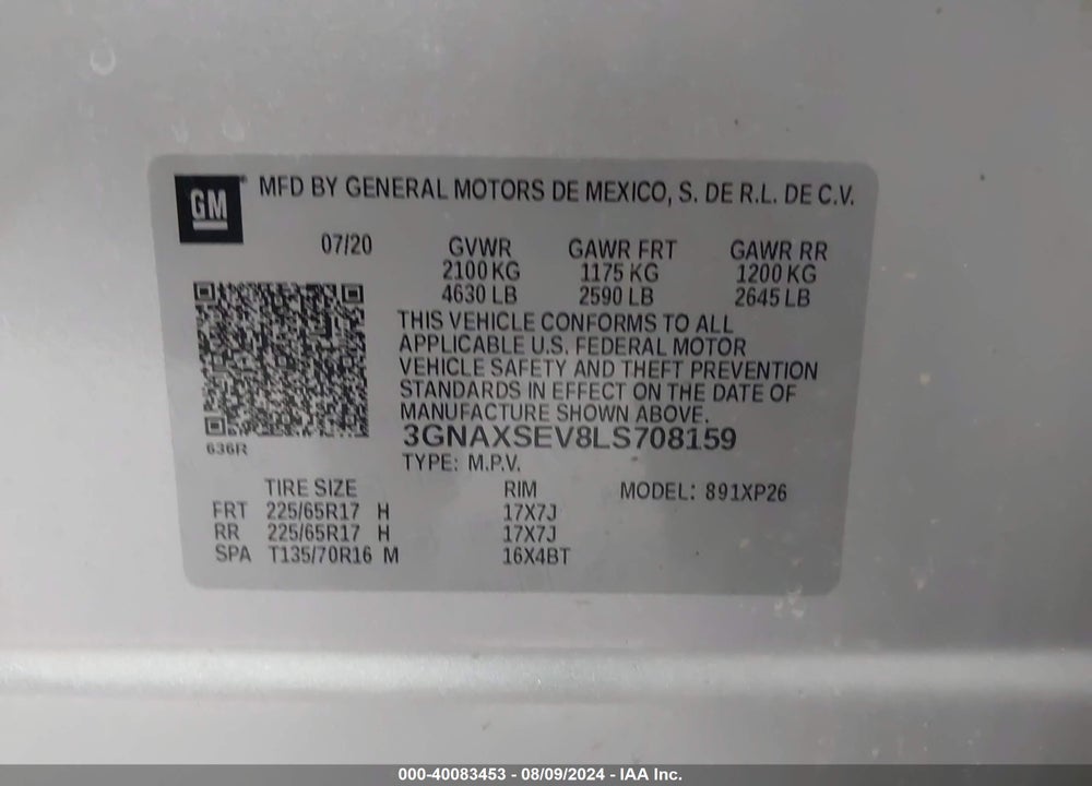2020 CHEVROLET EQUINOX AWD LS VIN: 3GNAXSEV8LS708159