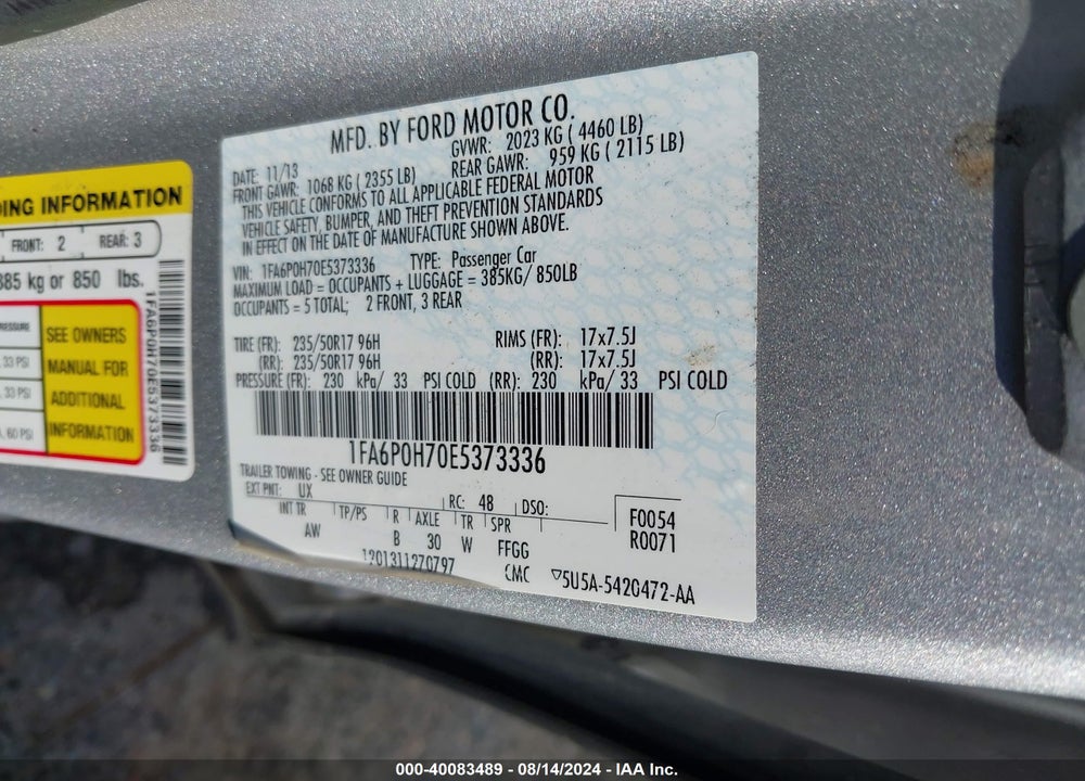 2014 FORD FUSION SE VIN: 1FA6P0H70E5373336