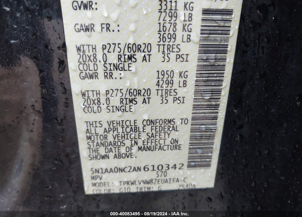 2010 NISSAN ARMADA PLATINUM VIN: 5N1AA0NC2AN610342