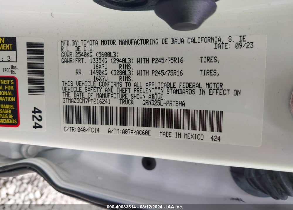 2023 TOYOTA TACOMA SR5 V6 VIN: 3TMAZ5CN7PM216241