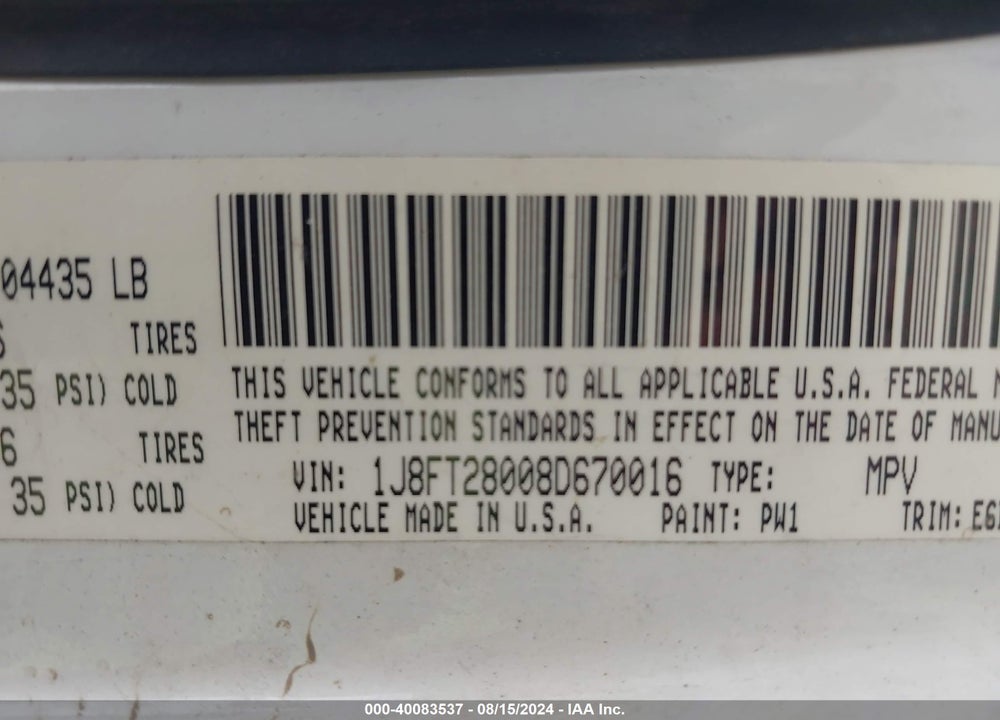 2008 JEEP PATRIOT SPORT VIN: 1J8FT28008D670016