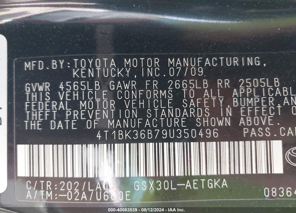 2009 TOYOTA AVALON XLS VIN: 4T1BK36B79U350496