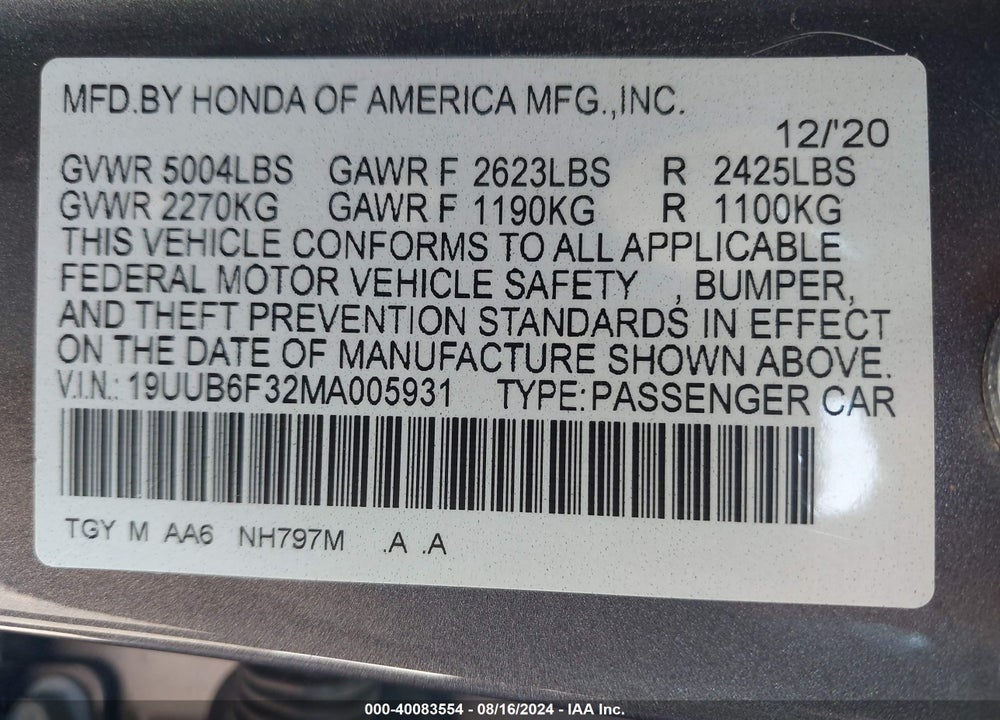 2021 ACURA TLX STANDARD VIN: 19UUB6F32MA005931