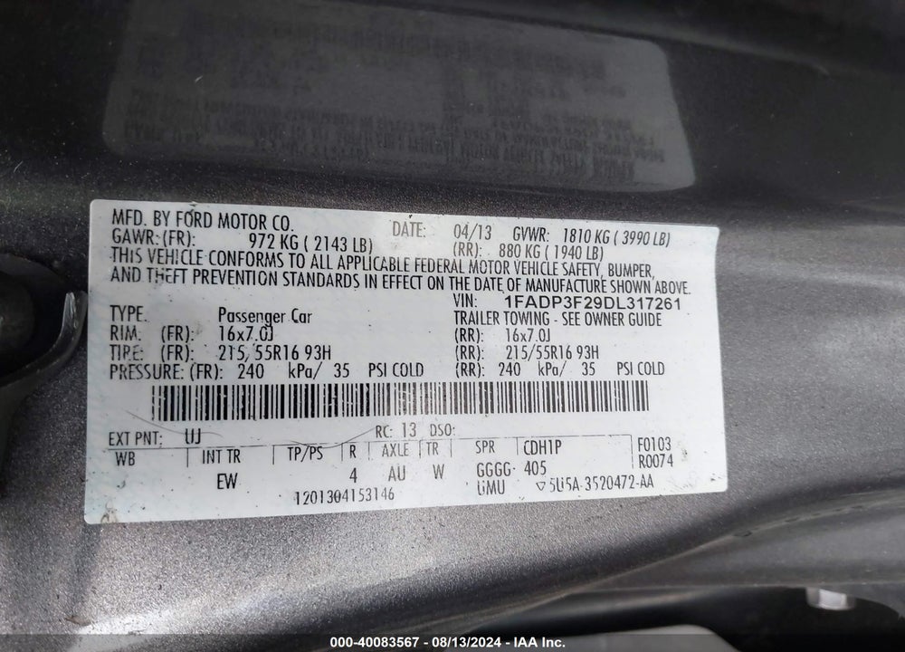 2013 FORD FOCUS SE VIN: 1FADP3F29DL317261