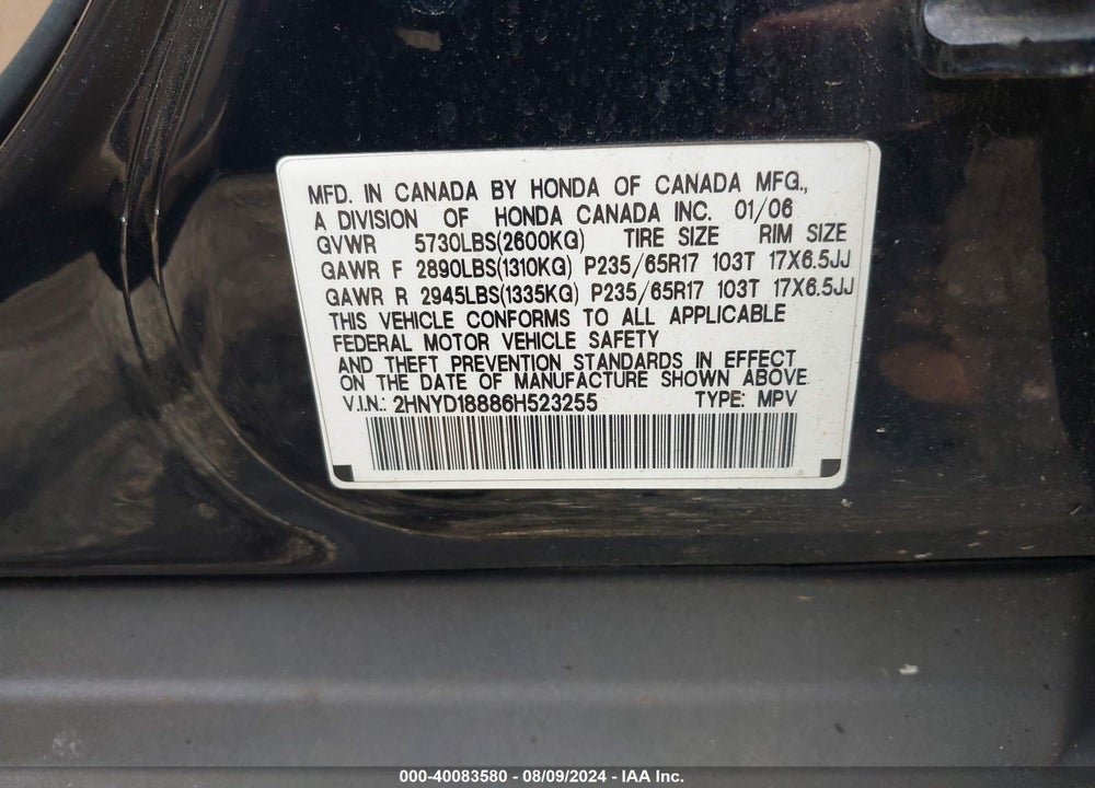 2006 ACURA MDX VIN: 2HNYD18886H523255