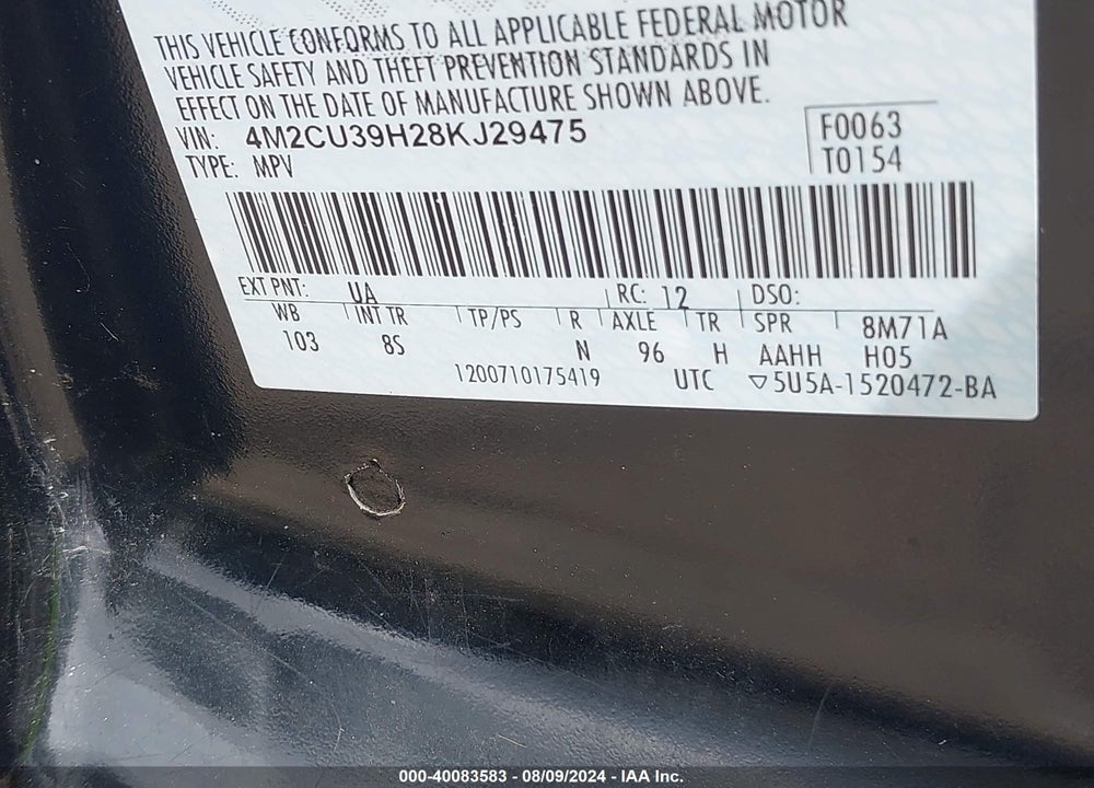 2008 MERCURY MARINER HYBRID VIN: 4M2CU39H28KJ29475