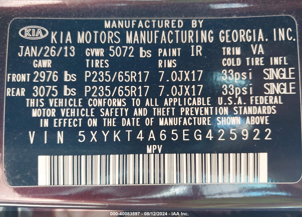 2014 KIA SORENTO VIN: 5XYKT4A65EG425922