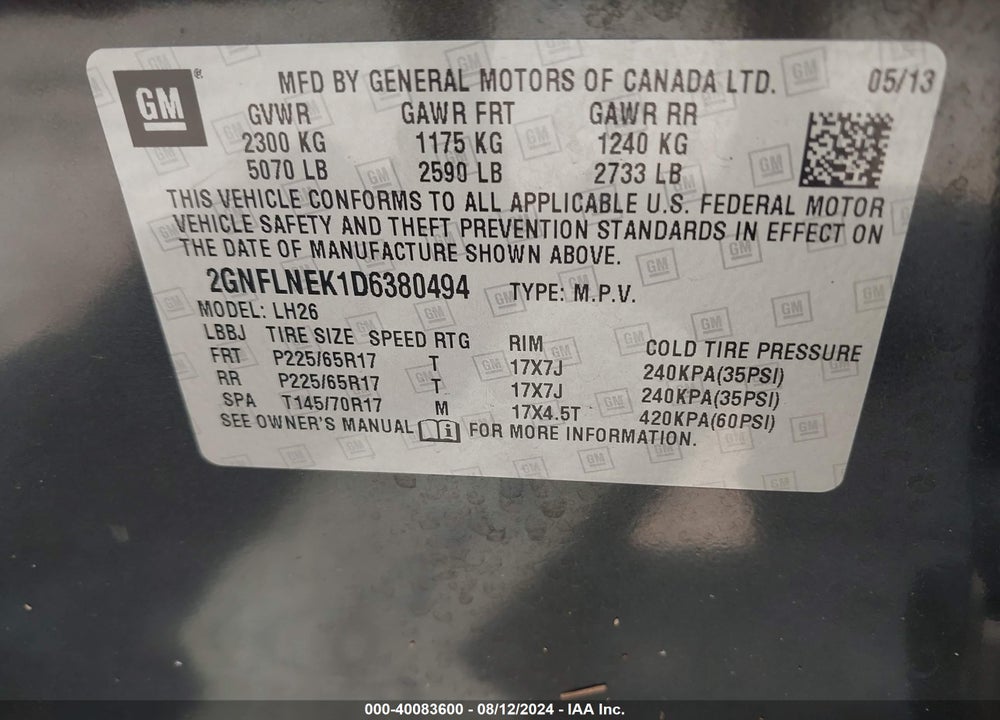 2013 CHEVROLET EQUINOX 2LT VIN: 2GNFLNEK1D6380494