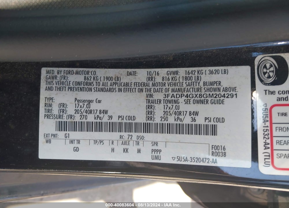 2016 FORD FIESTA ST VIN: 3FADP4GX8GM204291