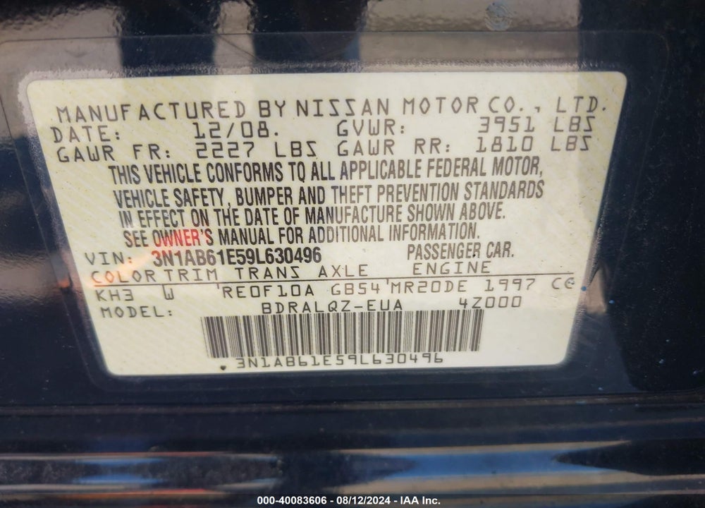 2009 NISSAN SENTRA 2.0 VIN: 3N1AB61E59L630496