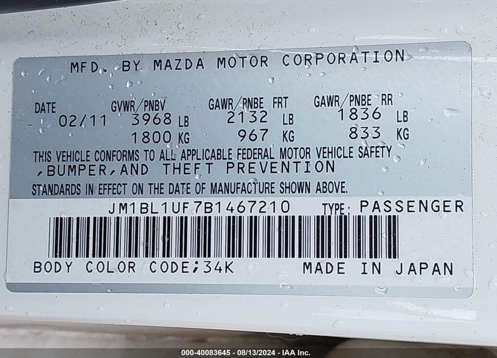 2011 MAZDA 3 I SPORT VIN: JM1BL1UF7B1467210