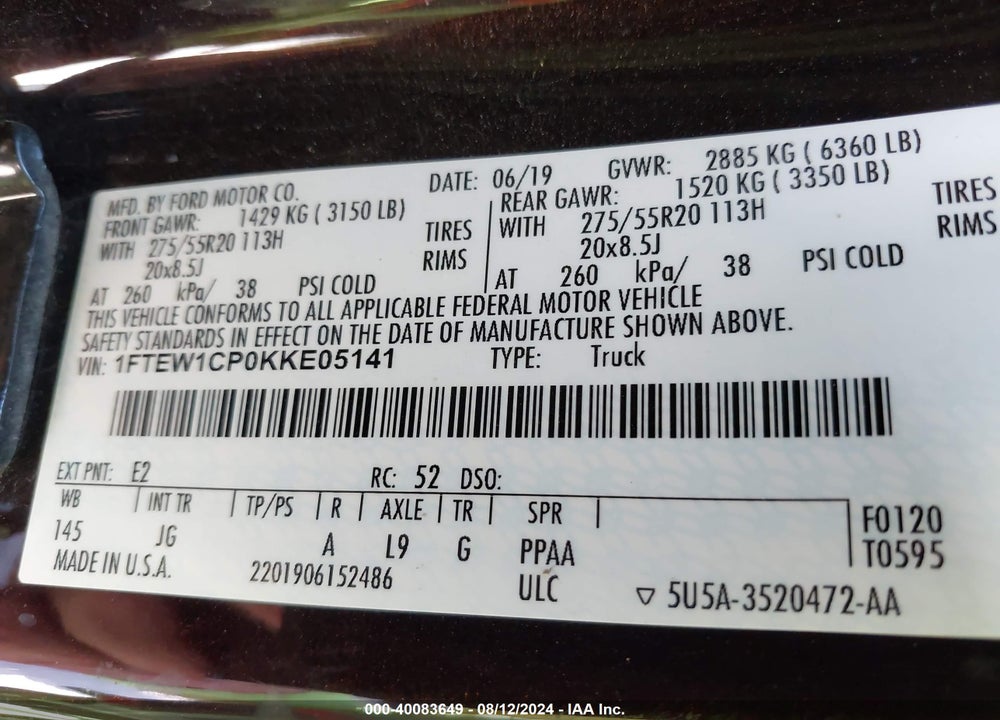 2019 FORD F-150 XL VIN: 1FTEW1CP0KKE05141