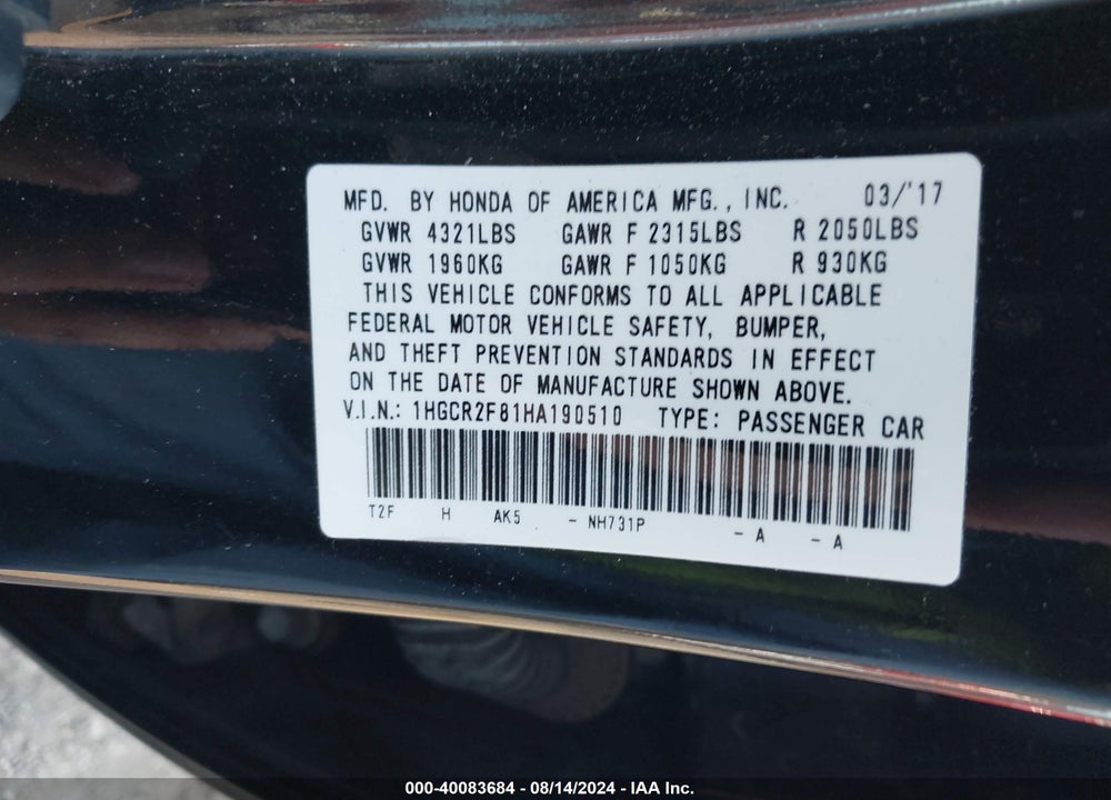 2017 HONDA ACCORD EX-L VIN: 1HGCR2F81HA190510