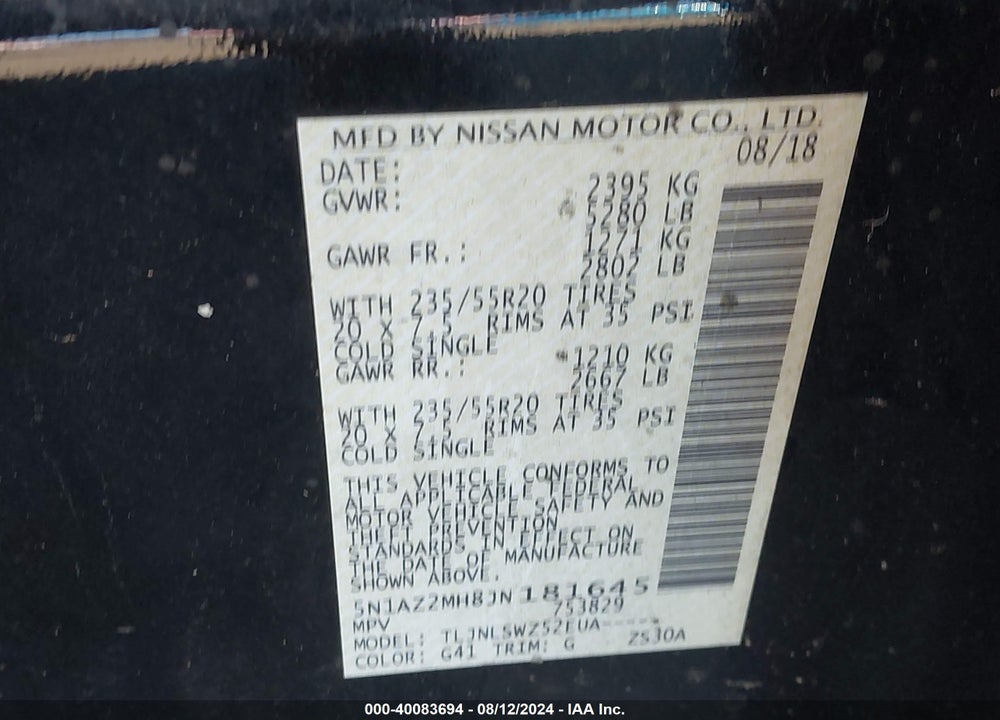2018 NISSAN MURANO PLATINUM VIN: 5N1AZ2MH8JN181645