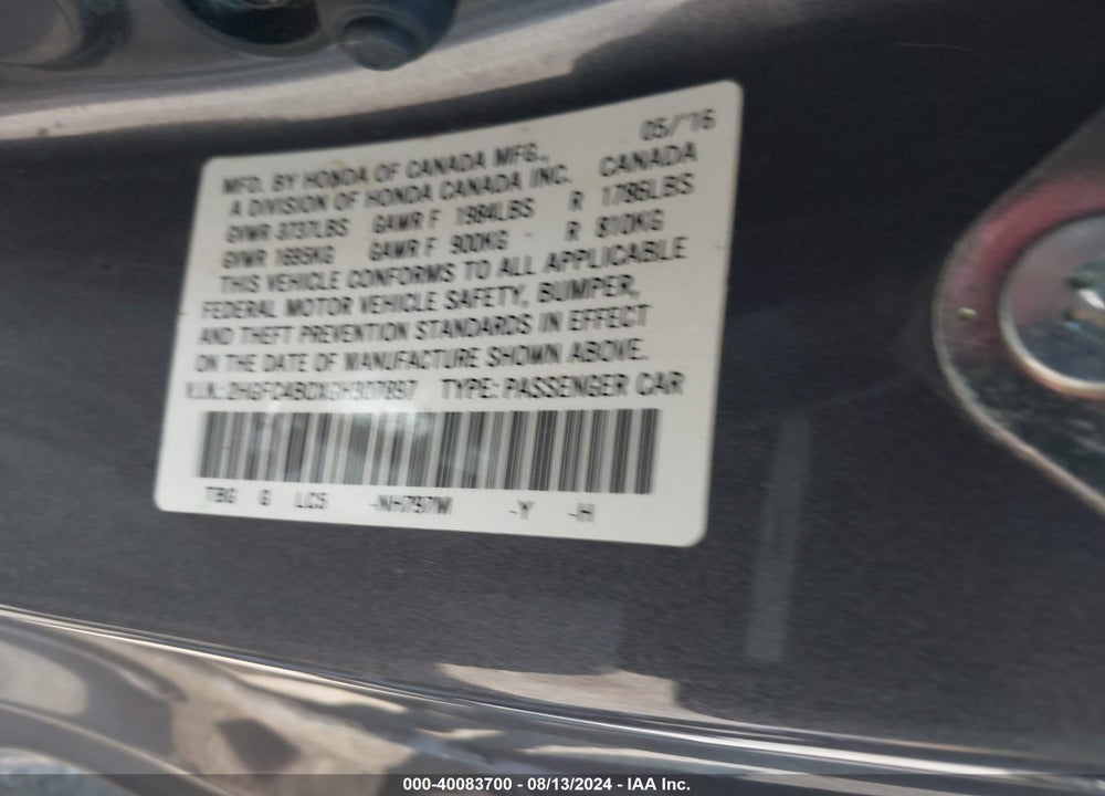 2016 HONDA CIVIC VIN: 2HGFC4B0XGH307897