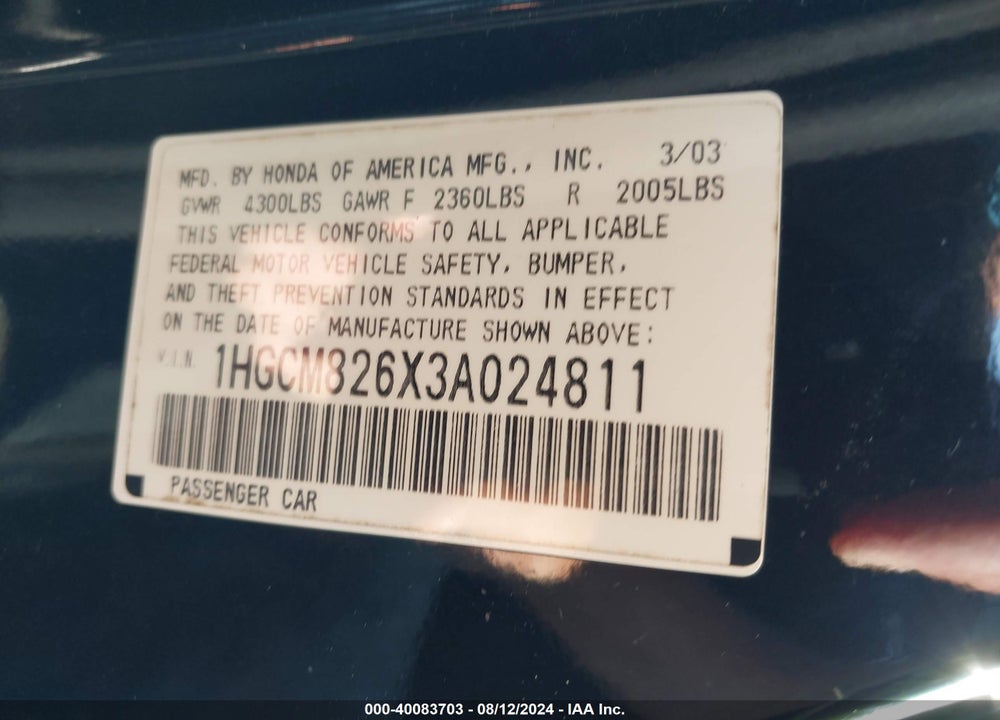 2003 HONDA ACCORD VIN: 1HGCM826X3A024811