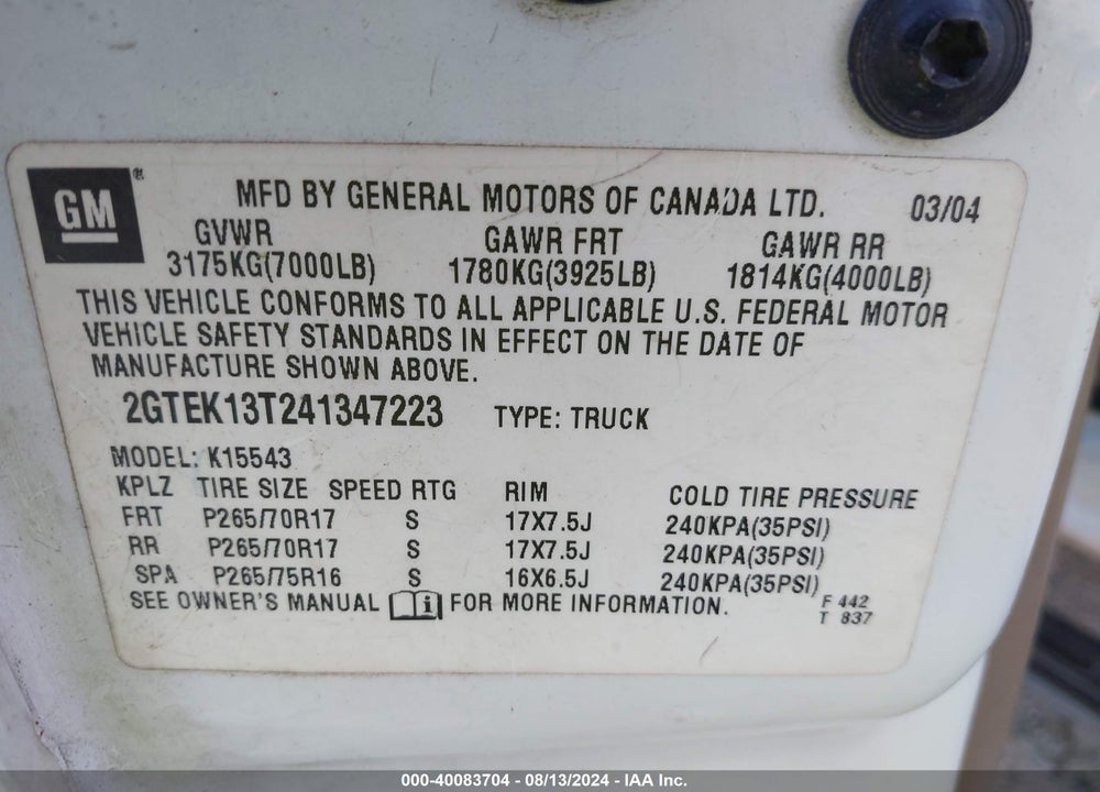 2004 GMC SIERRA 1500 SLT VIN: 2GTEK13T241347223