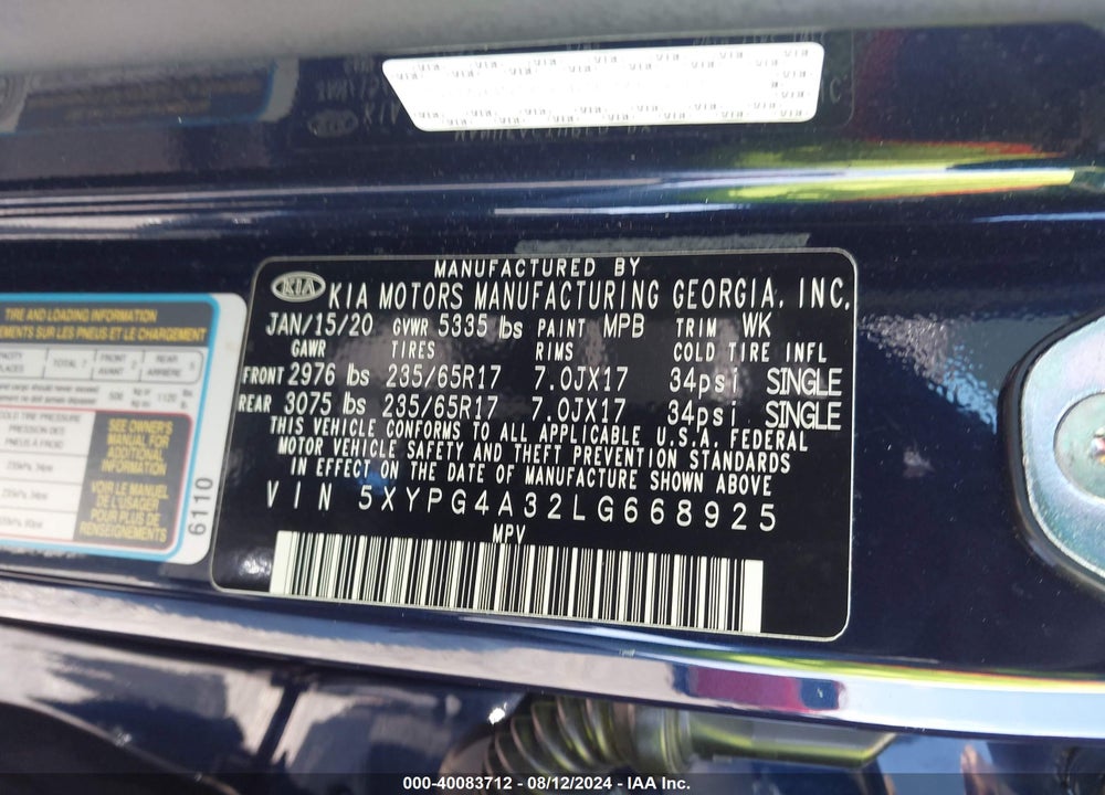 2020 KIA SORENTO 2.4L LX VIN: 5XYPG4A32LG668925